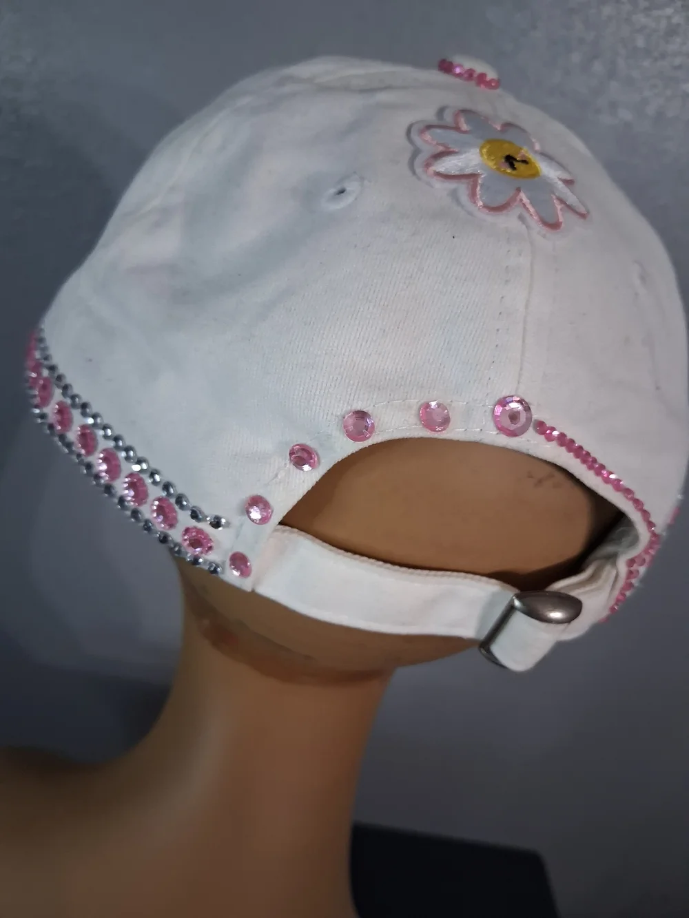 Hand Crafted White Pink Embellished Baseball Cap